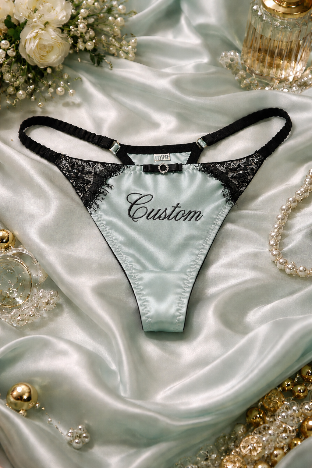 Jade mint satin personalised thong