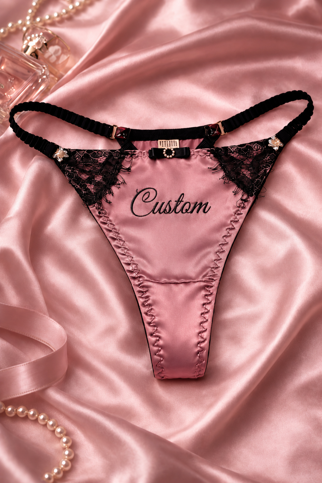 Rose pink satin personalised thong